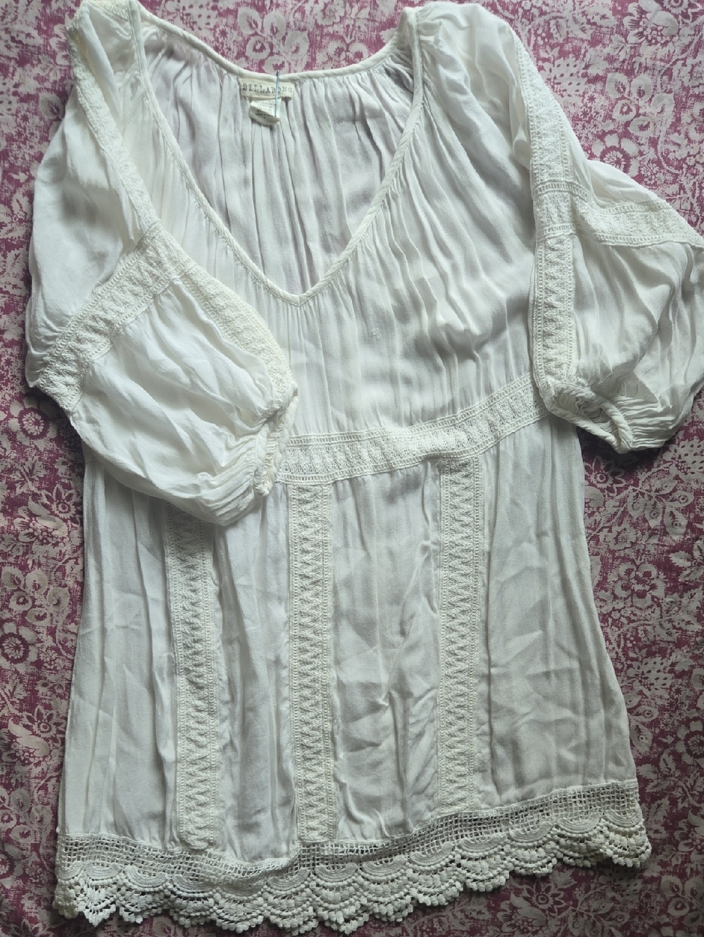 Billabong White Lace-Trim Peasant Mini Dress